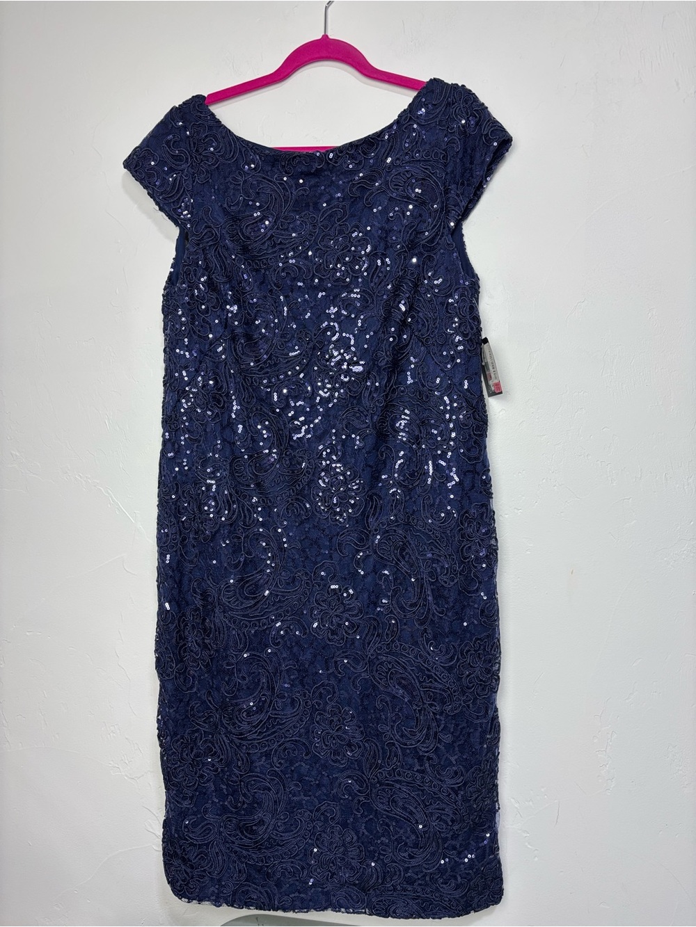 Brianna Plus Women's Evening Dress Gown Navy 14W Sheath Sequin Cap Sleeve NWT